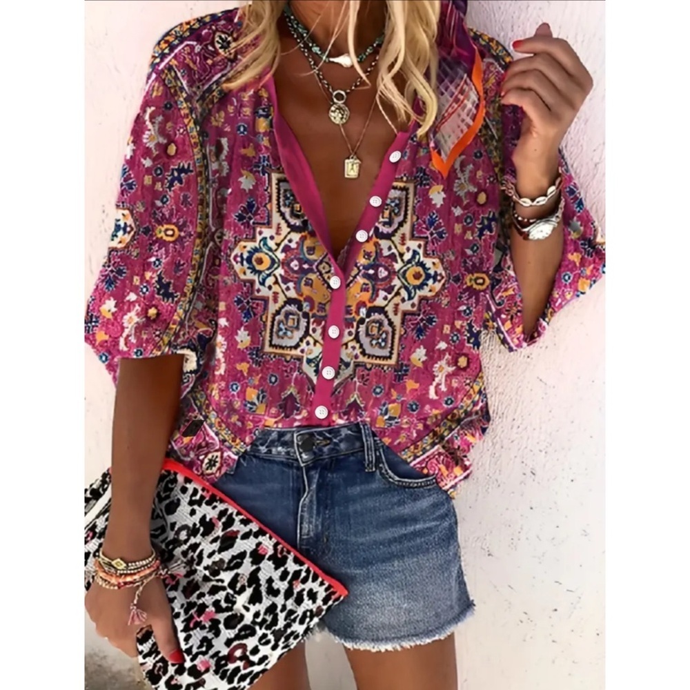 NEW! Boho Vibrant Pink Vintage Pattern Button Up 3/4 Sleeve Blouse!